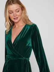 VILA Green Velvet Wrap Dress - Image 5 of 6