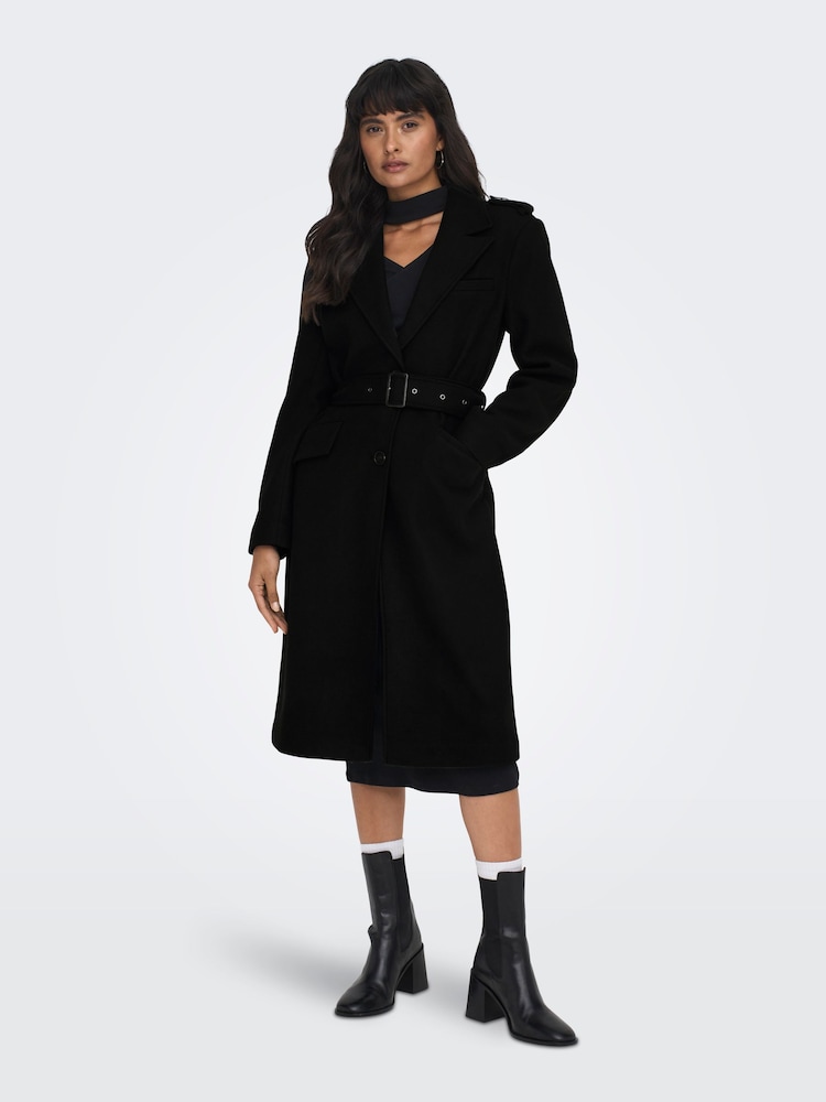 ONLY Black Tailored Coat With Button Up Front and Removable Belt - Image 1 of 6
