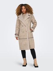 ONLY Cream Longline Cosy Teddy Button Up Aviator Coat - Image 1 of 5