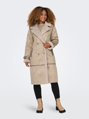 ONLY Cream Longline Cosy Teddy Button Up Aviator Coat - Image 3 of 5