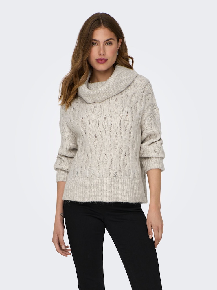 ONLY Cream Long Sleeve High Neck Chunky Cosy Cable Knitted Jumper - Image 1 of 6 ONLY Cream Long Sleeve High Neck Chunky Cosy Cable Knitted Jumper - Image 1 of 6