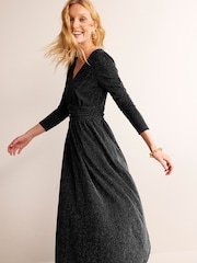 Boden Black Ruched Sparkle Midi Dress - Image 1 of 4