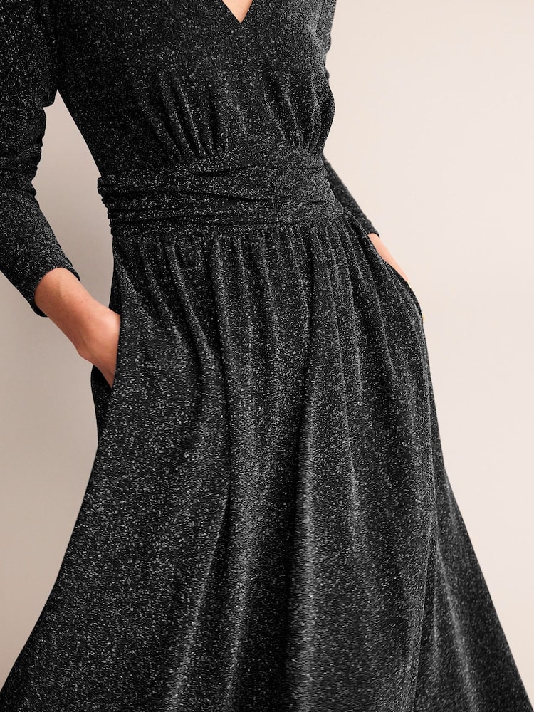 Boden Black Ruched Sparkle Midi Dress - Image 4 of 4