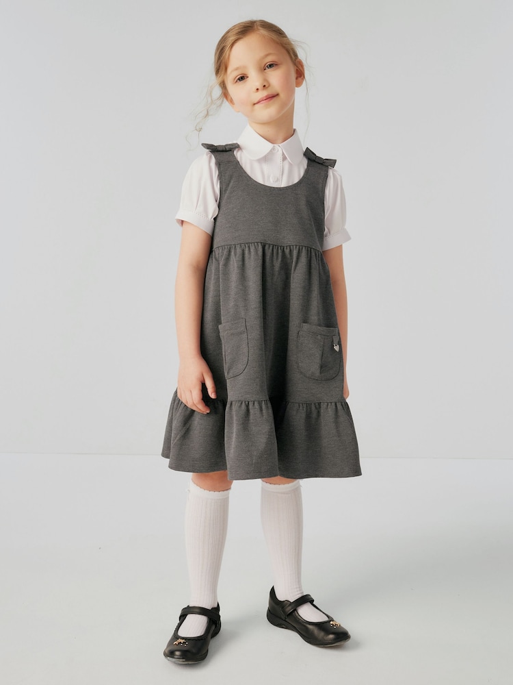 Clarks Grey Girls Frill Ponte School Pinafore Dress - Image 1 of 10