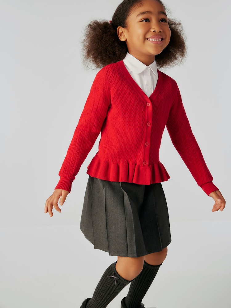 Clarks Red Girls Cable Knit Frill School Cardigan - Image 3 of 9