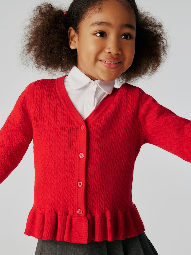Clarks Red Girls Cable Knit Frill School Cardigan - Image 4 of 9