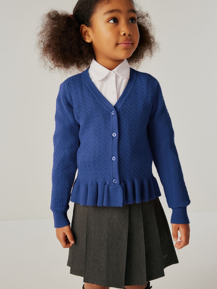 Clarks Blue Girls Cable Knit Frill School Cardigan - Image 1 of 7