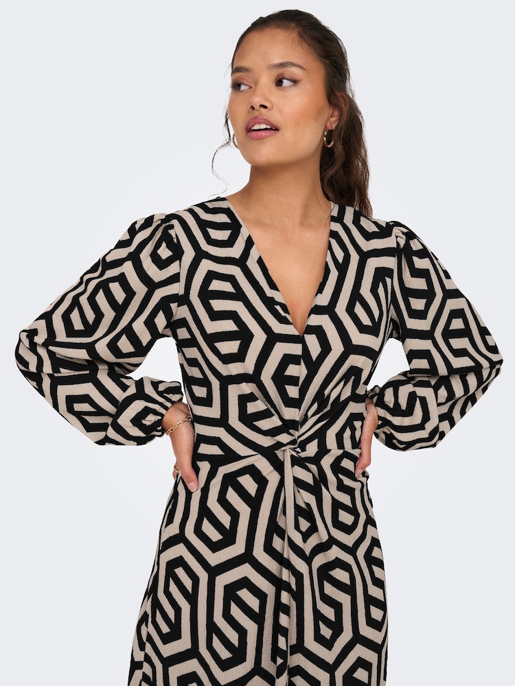 JDY Black Abstract Print V-Neck Midi Dress - Image 2 of 6
