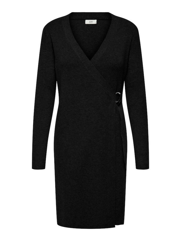 JDY Black Ribbed Knit Wrap Buckle Mini Jumper Dress - Image 1 of 2