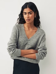 JDY Grey V-Neck Ruched Front Knitted Jumper - Image 1 of 5