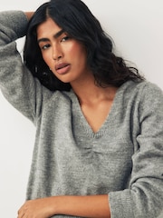 JDY Grey V-Neck Ruched Front Knitted Jumper - Image 3 of 5