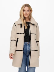 JDY Cream Teddy Borg Longline Coat With Contrast Piping - Image 1 of 1