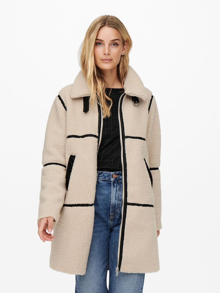 JDY Cream Teddy Borg Longline Coat With Contrast Piping - Image 1 of 1