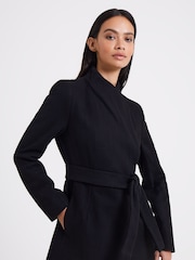 French Connection Black Platform Felt Crossover Coat - Image 1 of 4