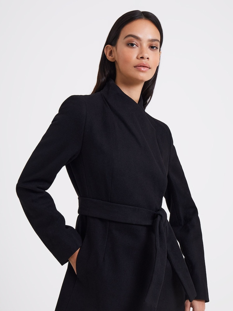 French Connection Black Platform Felt Crossover Coat - Image 1 of 4