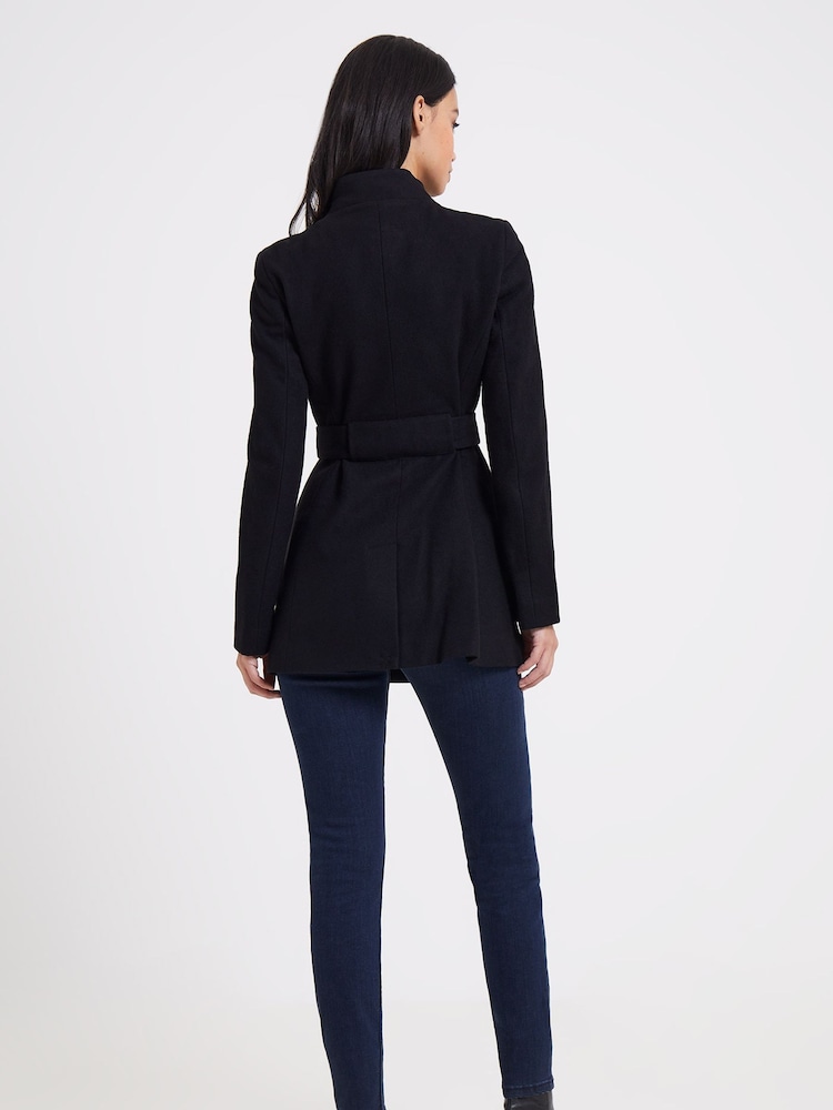 French Connection Black Platform Felt Crossover Coat - Image 2 of 4