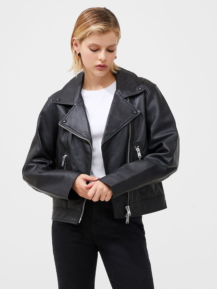 French Connection Black Leather Connie Long Sleeve Biker Jacket - Image 1 of 4