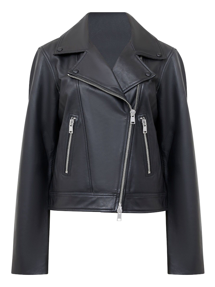 French Connection Black Leather Connie Long Sleeve Biker Jacket - Image 4 of 4