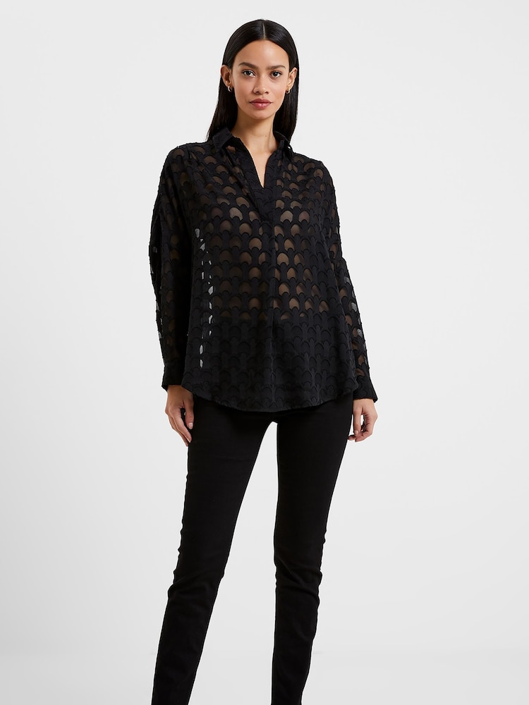 French Connection Black Geo Burnout Popover Shirt - Image 1 of 4