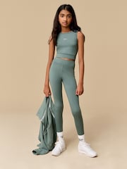 Reebok Girls Khaki Green Logo Performance Crop Top - Image 2 of 7