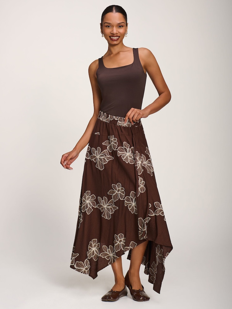 Jolie Moi Brown Asymmetric Embroidered Midi Skirt - Image 1 of 6
