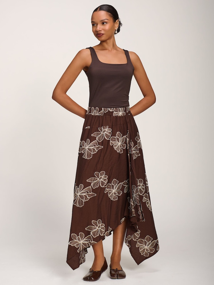 Jolie Moi Brown Asymmetric Embroidered Midi Skirt - Image 6 of 6