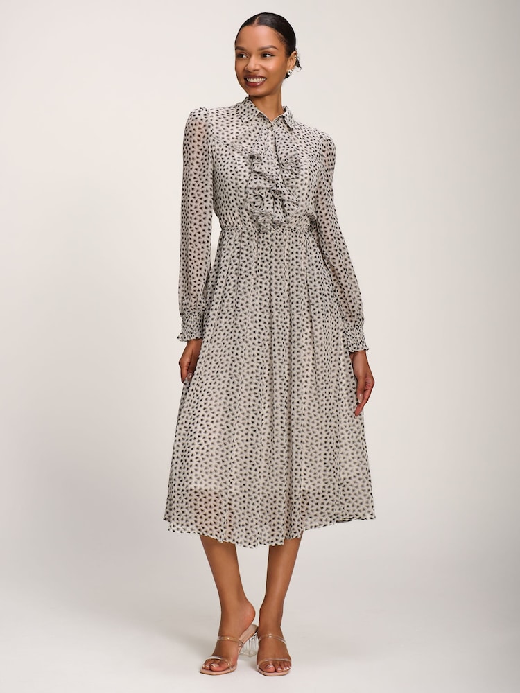 Jolie Moi White Chiffon Ruffle Long Sleeve Shirt Dress - Image 1 of 6