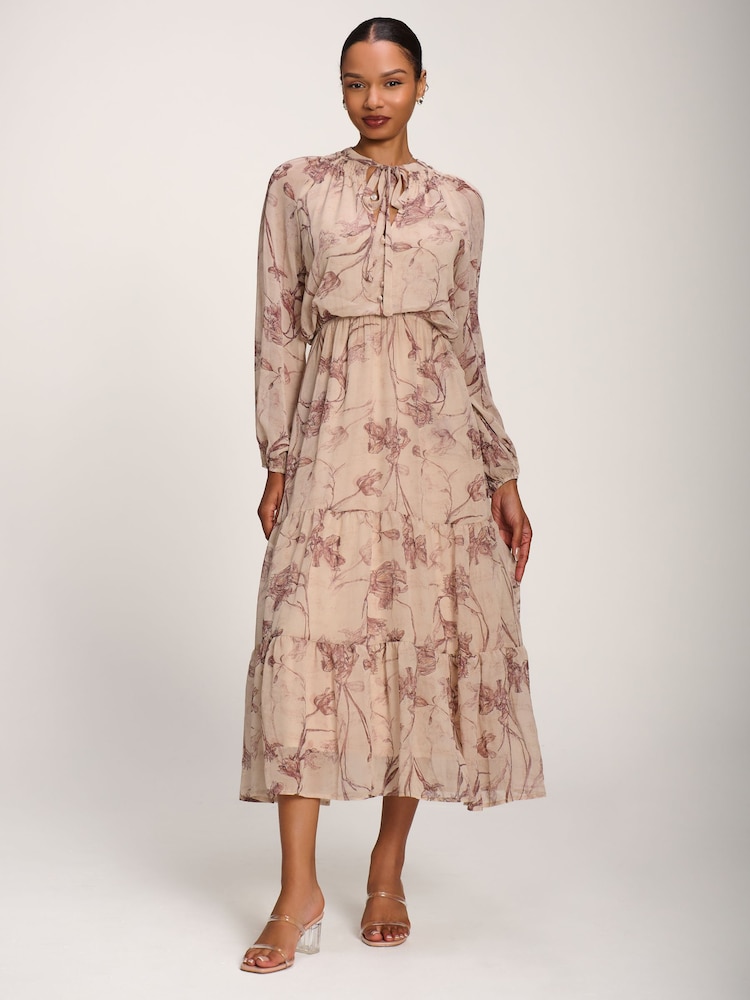Jolie Moi Brown Chiffon Tie Neckline Midaxi Dress - Image 1 of 6 Jolie Moi Brown Chiffon Tie Neckline Midaxi Dress - Image 1 of 6