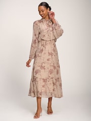 Jolie Moi Brown Chiffon Tie Neckline Midaxi Dress - Image 5 of 6