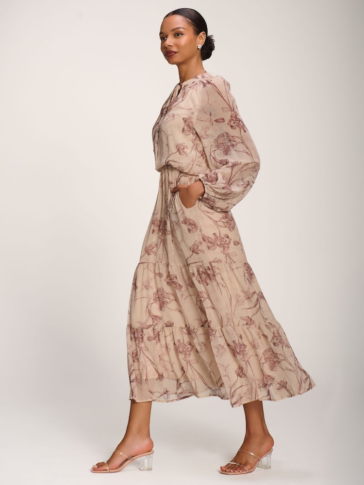 Jolie Moi Brown Chiffon Tie Neckline Midaxi Dress - Image 6 of 6 Jolie Moi Brown Chiffon Tie Neckline Midaxi Dress - Image 6 of 6