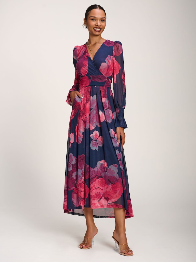Jolie Moi Pink Long Sleeve V Neck Mesh Maxi Dress - Image 1 of 6