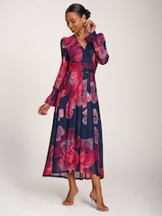 Jolie Moi Pink Long Sleeve V Neck Mesh Maxi Dress - Image 2 of 6