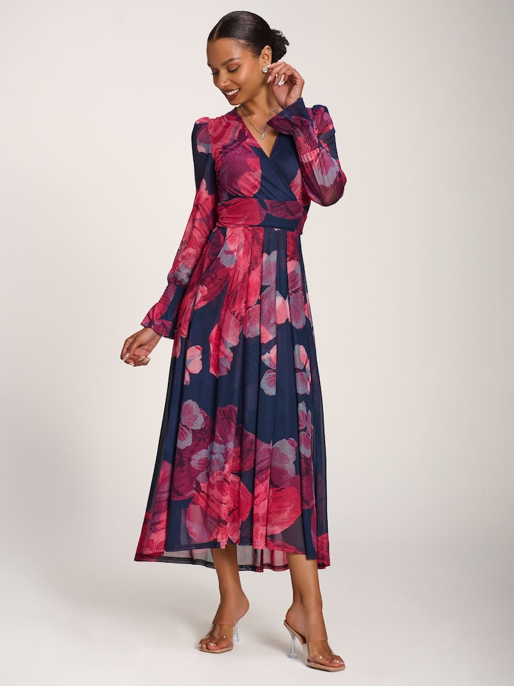 Jolie Moi Pink Long Sleeve V Neck Mesh Maxi Dress - Image 2 of 6