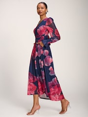 Jolie Moi Pink Long Sleeve V Neck Mesh Maxi Dress - Image 4 of 6
