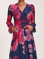 Jolie Moi Pink Long Sleeve V Neck Mesh Maxi Dress - Image 6 of 6
