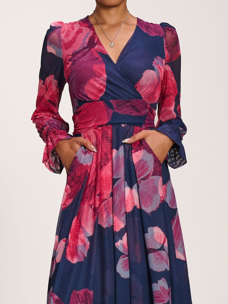 Jolie Moi Pink Long Sleeve V Neck Mesh Maxi Dress - Image 6 of 6