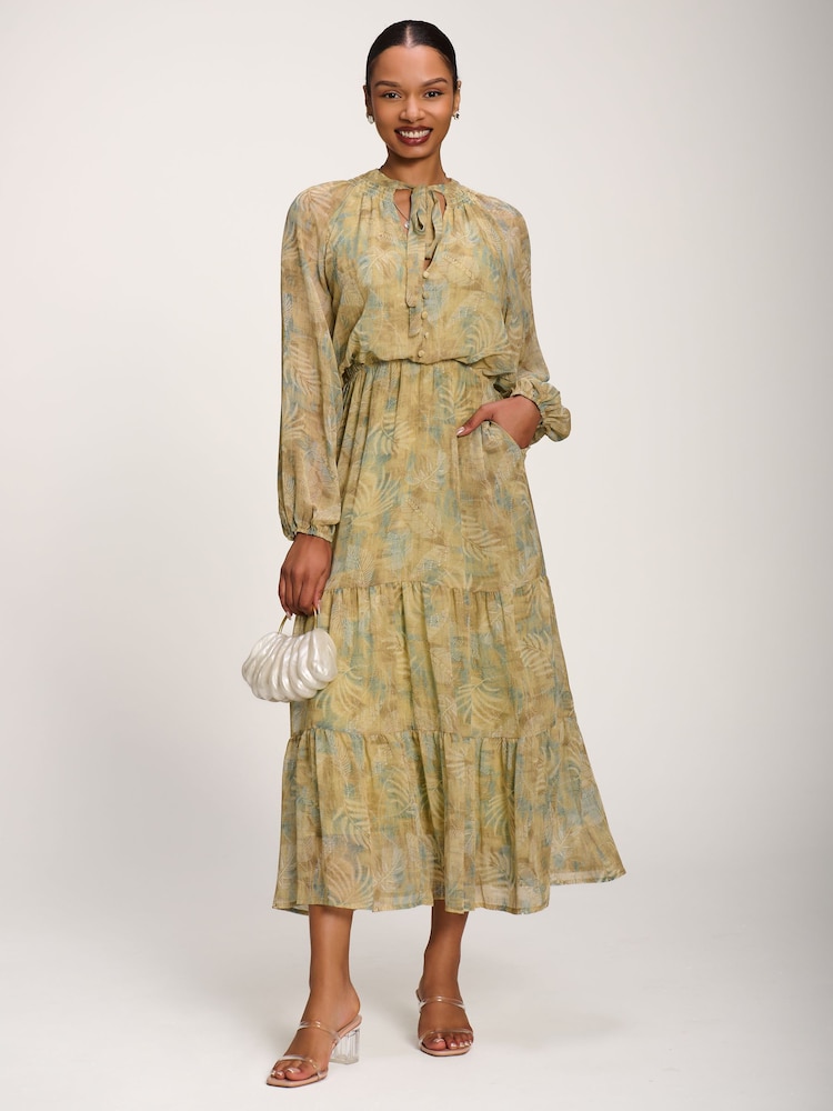 Jolie Moi Green Chiffon Tie Neckline Midaxi Dress - Image 1 of 6 Jolie Moi Green Chiffon Tie Neckline Midaxi Dress - Image 1 of 6