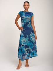 Jolie Moi Blue Asymmetric Draped Mesh Midaxi Dress - Image 1 of 6
