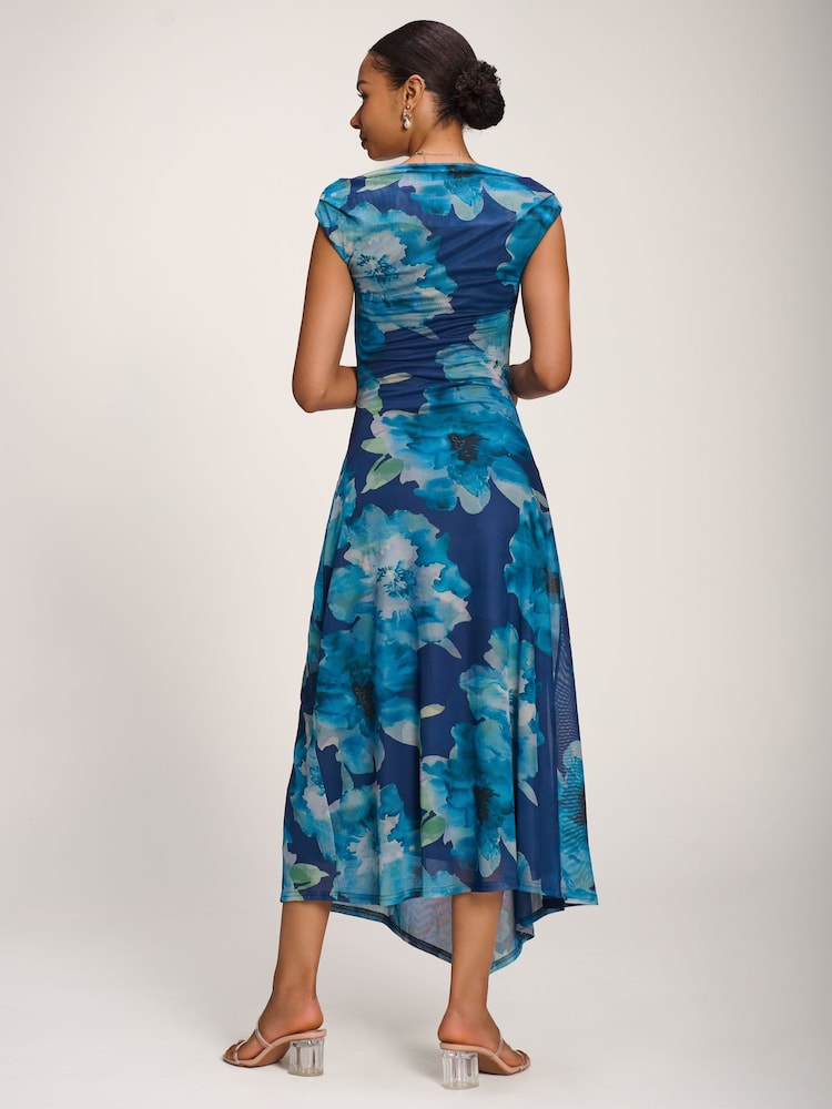 Jolie Moi Blue Asymmetric Draped Mesh Midaxi Dress - Image 2 of 6