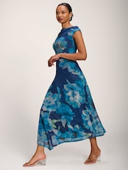 Jolie Moi Blue Asymmetric Draped Mesh Midaxi Dress - Image 4 of 6