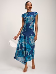 Jolie Moi Blue Asymmetric Draped Mesh Midaxi Dress - Image 5 of 6