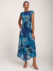Jolie Moi Blue Asymmetric Draped Mesh Midaxi Dress - Image 6 of 6