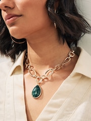Gold Tone Chunky Chain Green Faux Stone Drop Necklace Made With Recycled Metals - Image 1 of 4