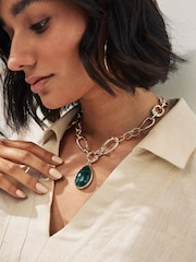 Gold Tone Chunky Chain Green Faux Stone Drop Necklace Made With Recycled Metals - Image 2 of 4