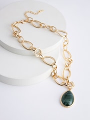 Gold Tone Chunky Chain Green Faux Stone Drop Necklace Made With Recycled Metals - Image 3 of 4