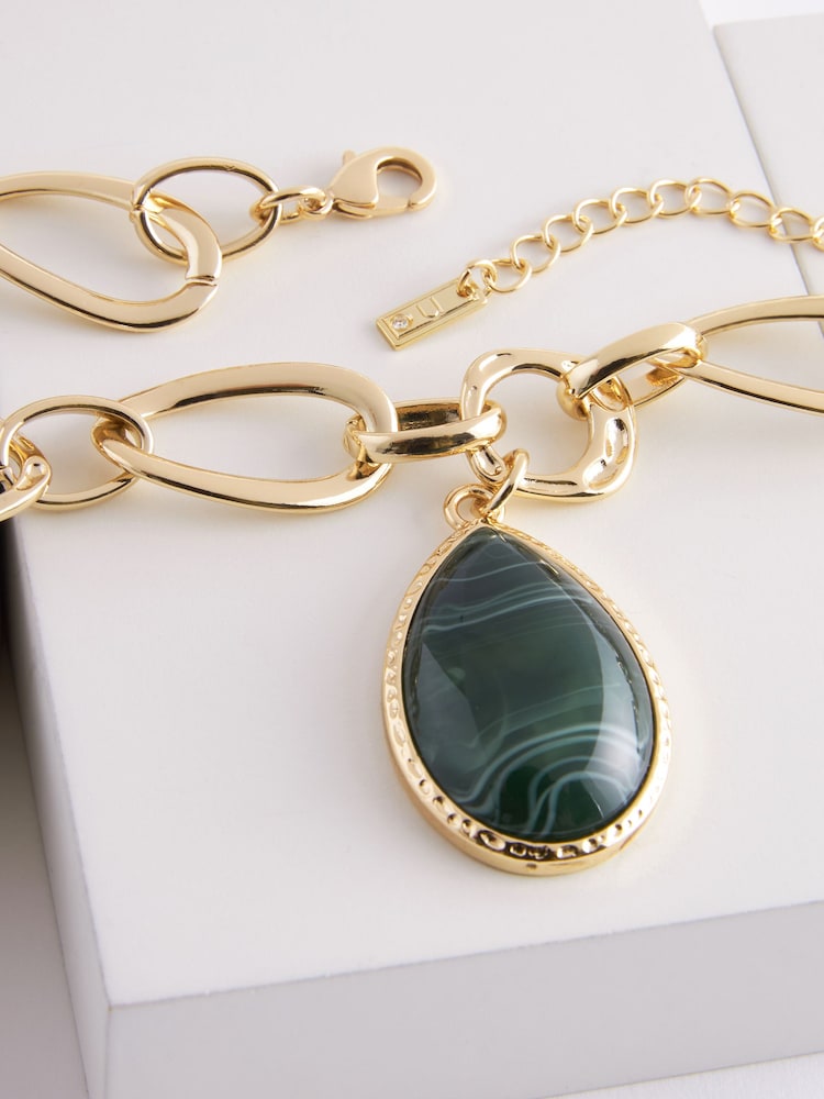 Gold Tone Chunky Chain Green Faux Stone Drop Necklace Made With Recycled Metals - Image 4 of 4