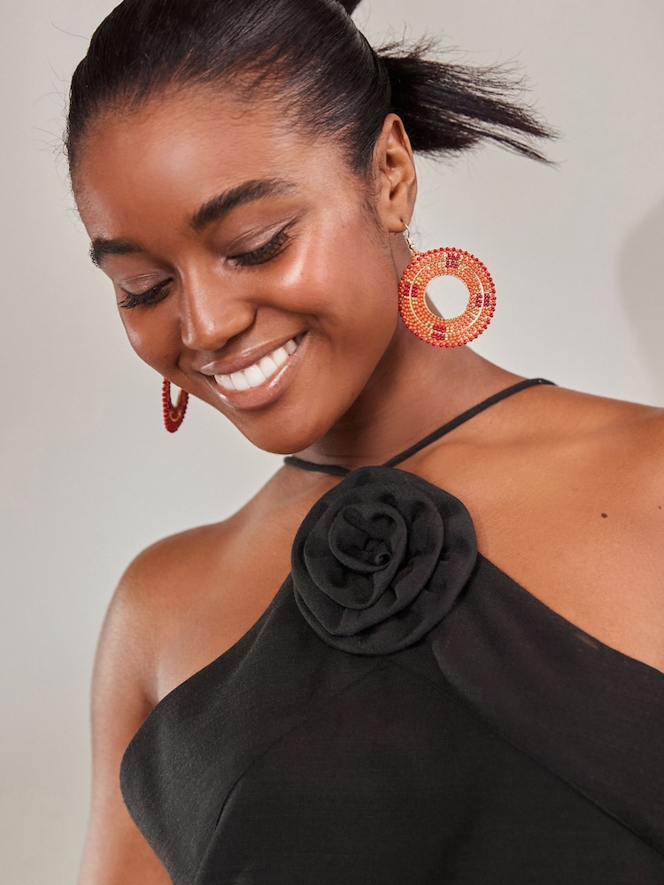 Red Seed Beaded Circle Drop Earrings - Image 1 of 3