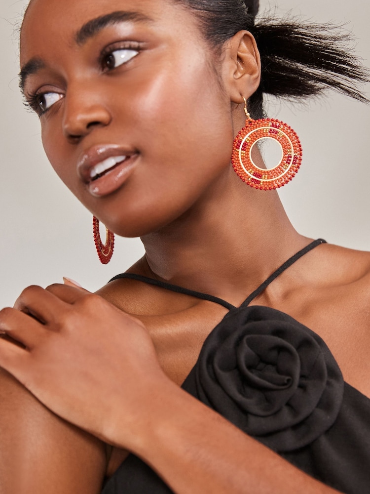 Red Seed Beaded Circle Drop Earrings - Image 2 of 3 Red Seed Beaded Circle Drop Earrings - Image 2 of 3