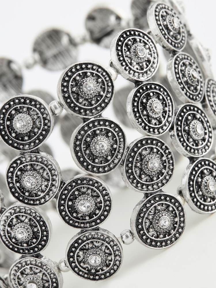 Burnished Silver Tone Boho Coin Stretch Bracelet - Image 4 of 4
