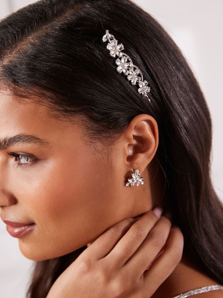 Silver Tone Bridal Sparkle Flower Barrette Hair Clip - Image 1 of 5